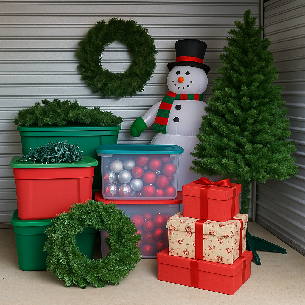 Holiday decorations stored in a Lancaster PA self-storage unit, including bins of ornaments, wreaths, a Christmas tree, and gift boxes.